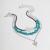 Thumbnail for Hippie Layered Turquoise Cactus Pendant Cross Velvet Necklace Set - ArtGalleryZen