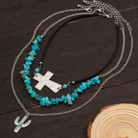 Thumbnail for Hippie Layered Turquoise Cactus Pendant Cross Velvet Necklace Set - ArtGalleryZen