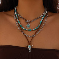 Thumbnail for Hippie Toggle Clasp Bull Flower Pendant Turquoise Chain Velvet Necklace Set - ArtGalleryZen