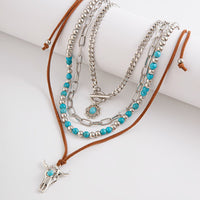 Thumbnail for Hippie Toggle Clasp Bull Flower Pendant Turquoise Chain Velvet Necklace Set - ArtGalleryZen