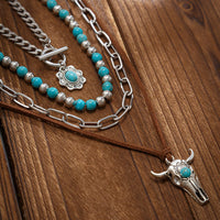 Thumbnail for Hippie Toggle Clasp Bull Flower Pendant Turquoise Chain Velvet Necklace Set - ArtGalleryZen