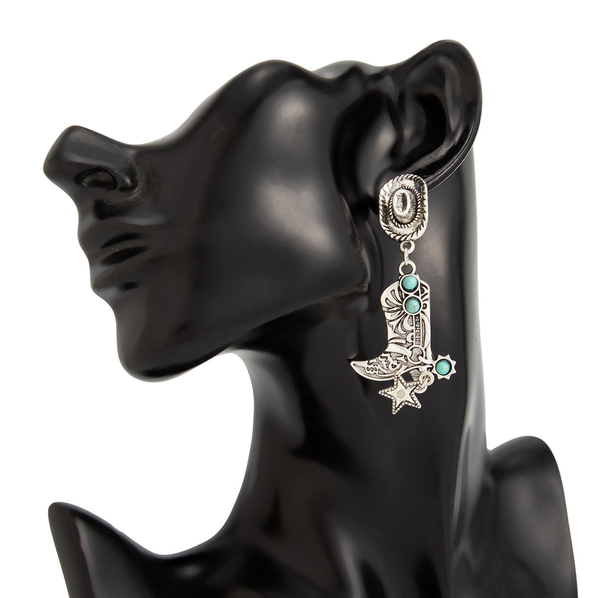 Hippie Turquoise Inlaid Boot Cowboy Hat Star Dangle Earrings - ArtGalleryZen
