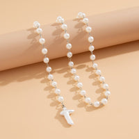 Thumbnail for Irregular Cross Pearl Pendant Long Chain Y Necklace - ArtGalleryZen