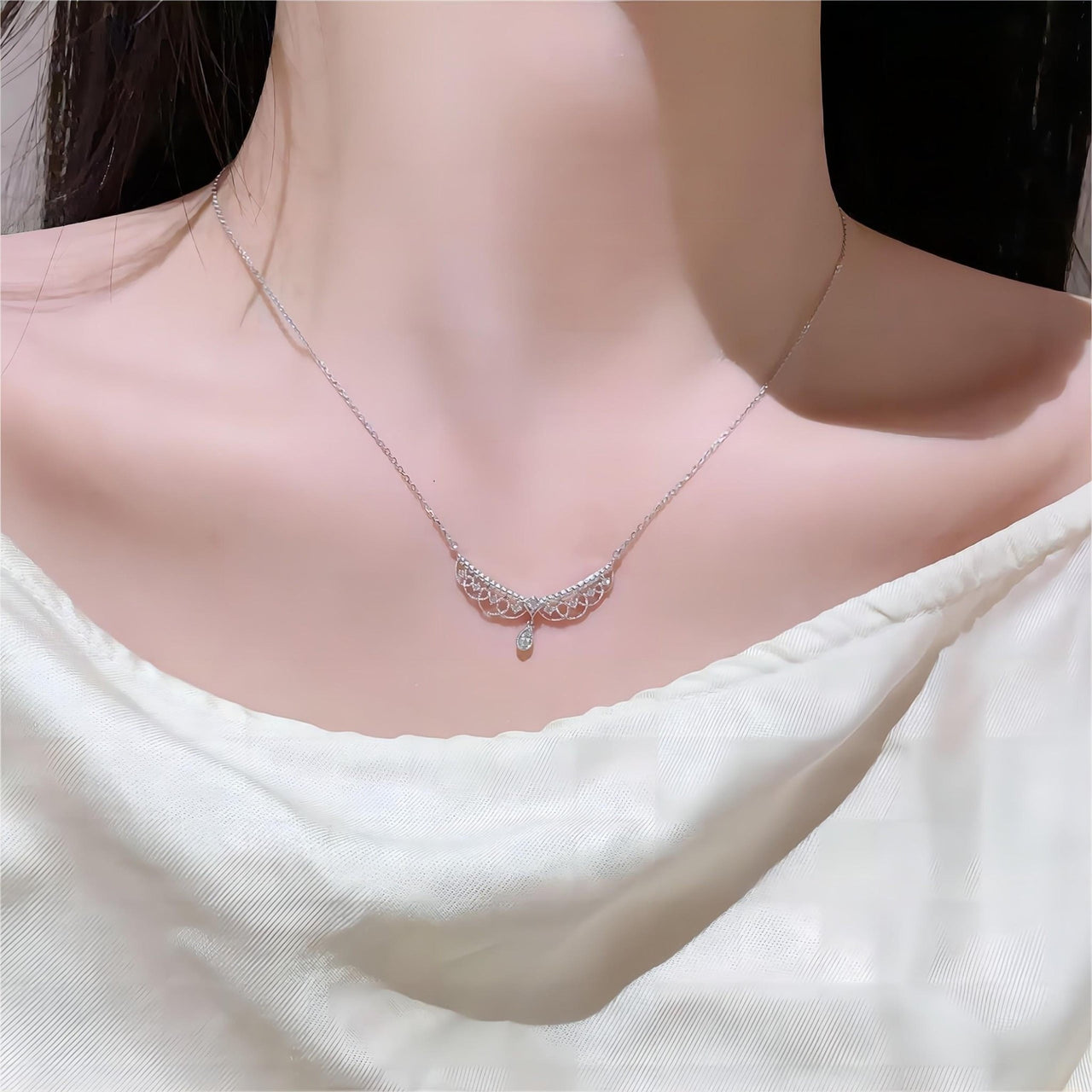 Lace Hollowed-out Pattern Cubic Zirconia Inlaid Chain Necklace - ArtGalleryZen