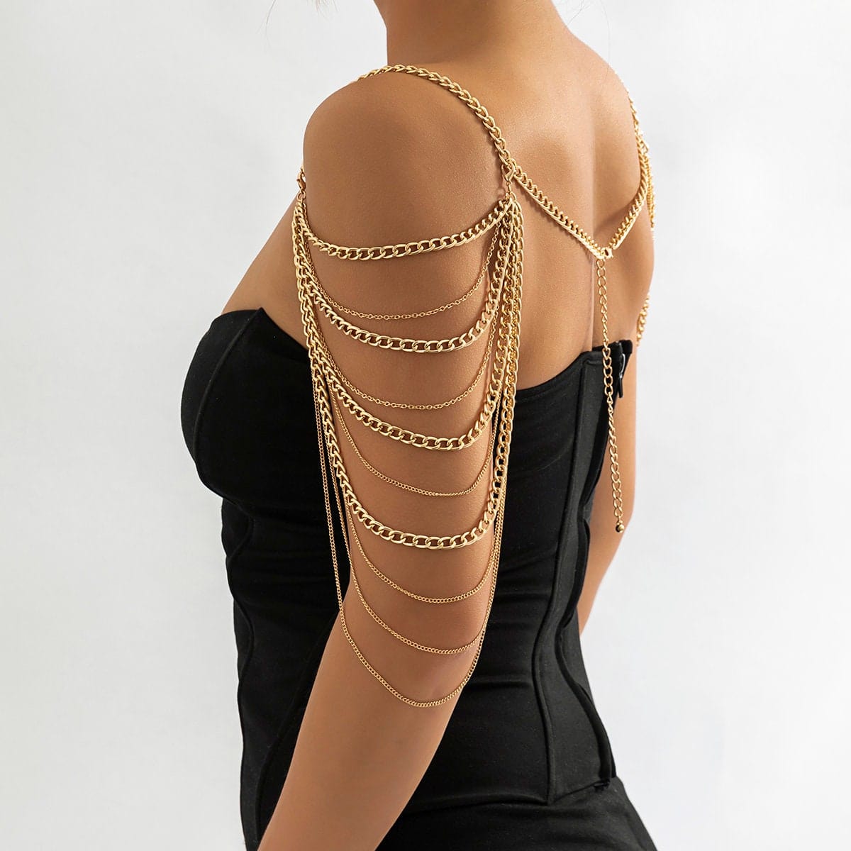 Layered Gold Silver Tone Curb Link Chain Tassel Shoulder Necklace - ArtGalleryZen
