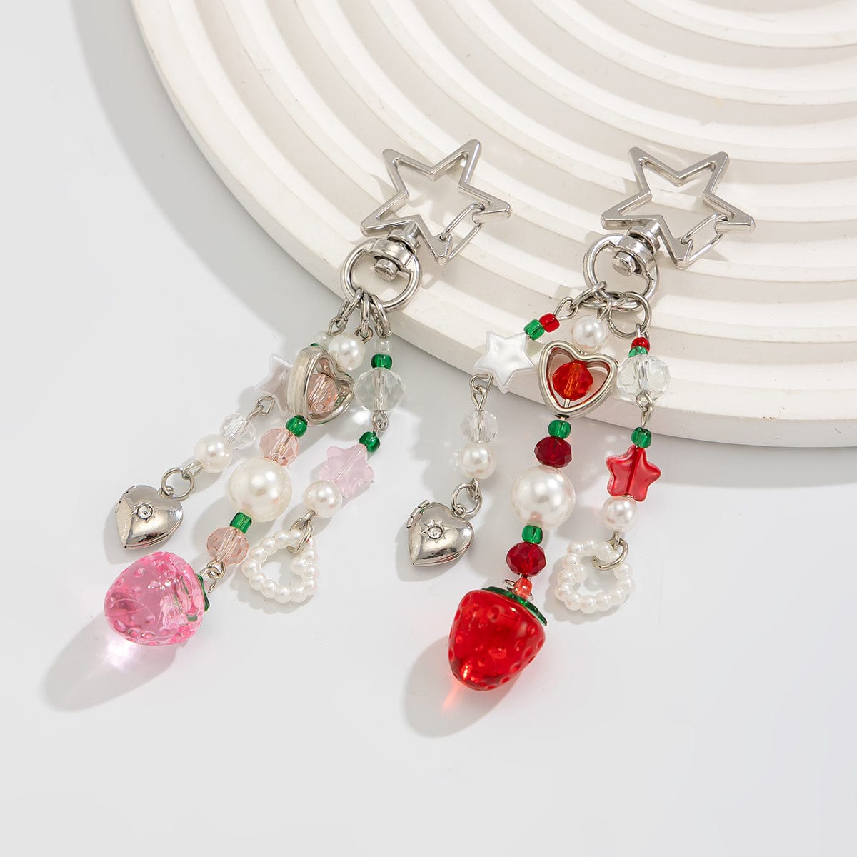 Lovely 2pcs Strawberry Pearl Heart Charm Star Keychain Set - ArtGalleryZen