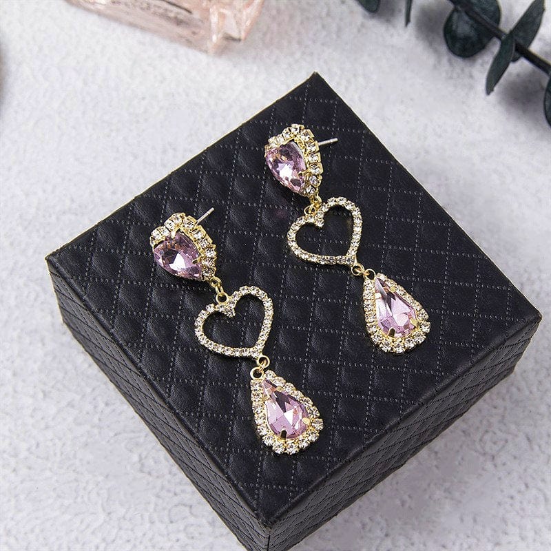 LUX Pink Rhinestone Heart Dangle Earrings - ArtGalleryZen