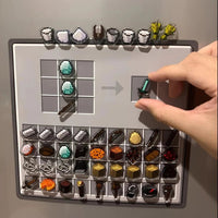 Thumbnail for A person placing a small, pellet-shaped fridge magnet on a grid-style magnetic surface, with various other magnets shaped like game items from 'Minecraft'.