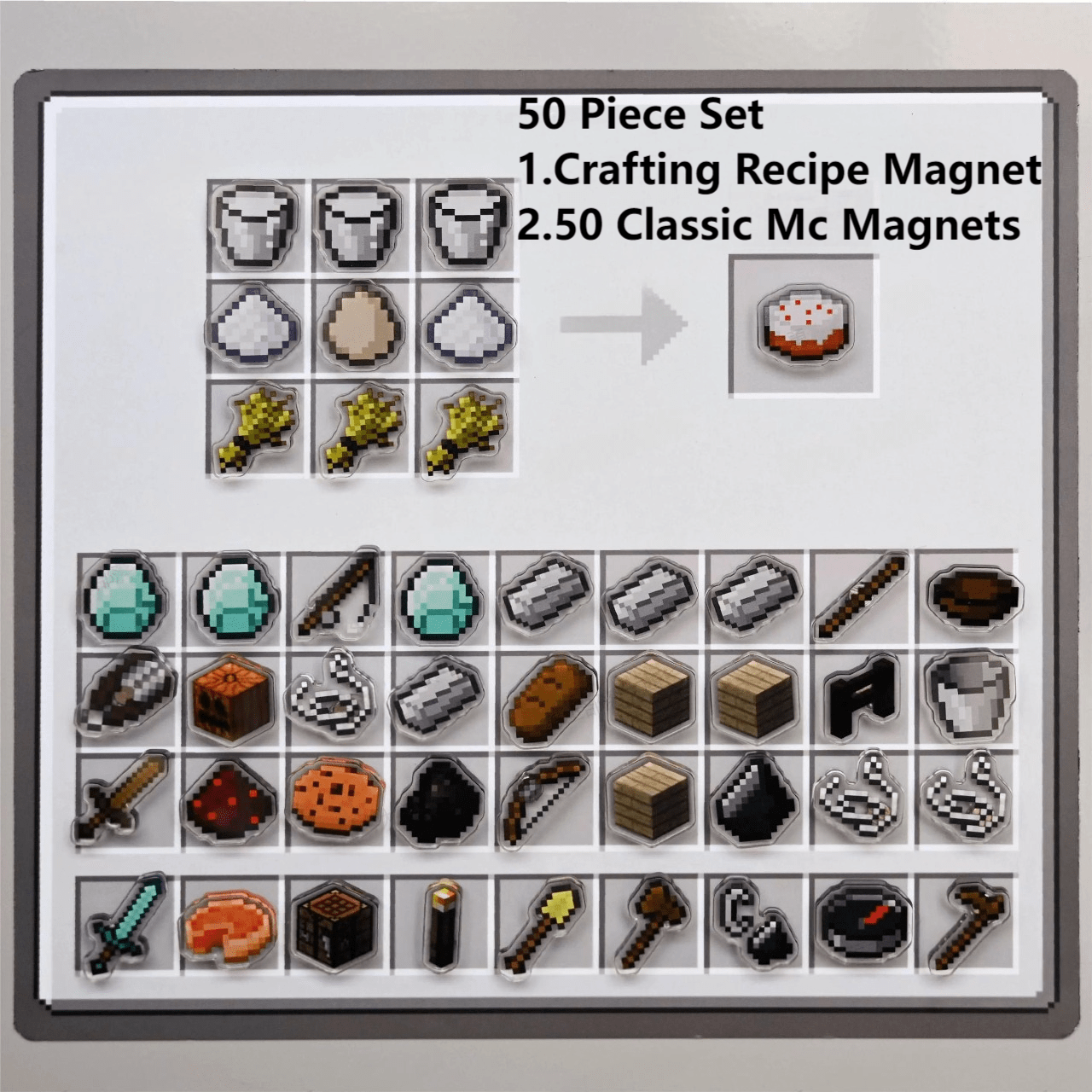Set of Minecraft-themed magnets on a display card with text indicating contents.