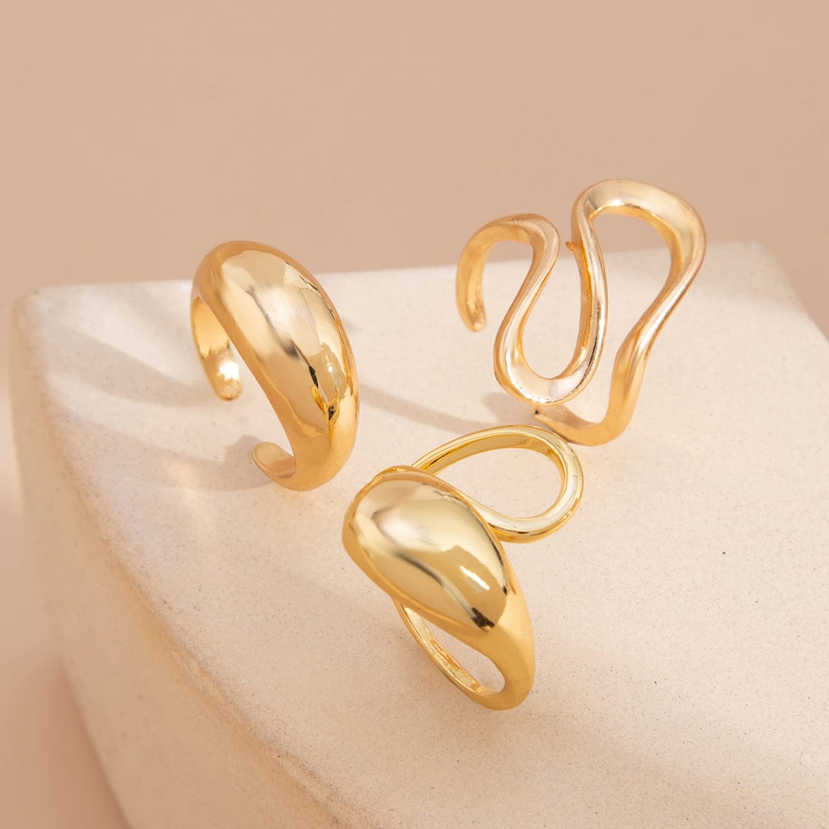 Minimalist 3pcs Gold Silver Plated Curved Hollow Ring Set - ArtGalleryZen