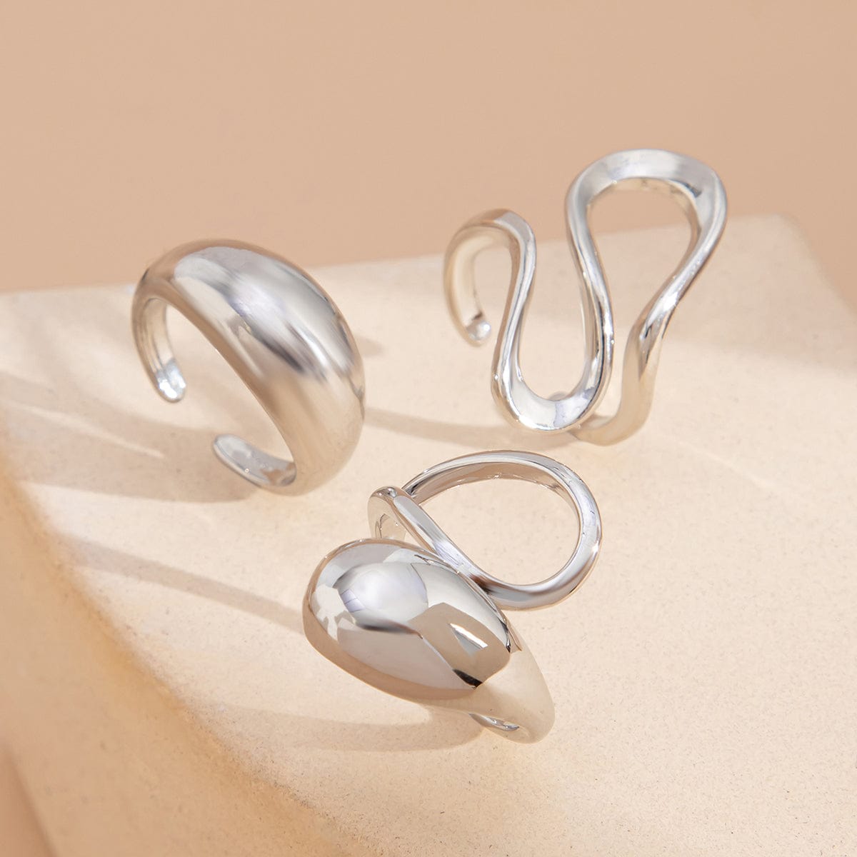 Minimalist 3pcs Gold Silver Plated Curved Hollow Ring Set - ArtGalleryZen