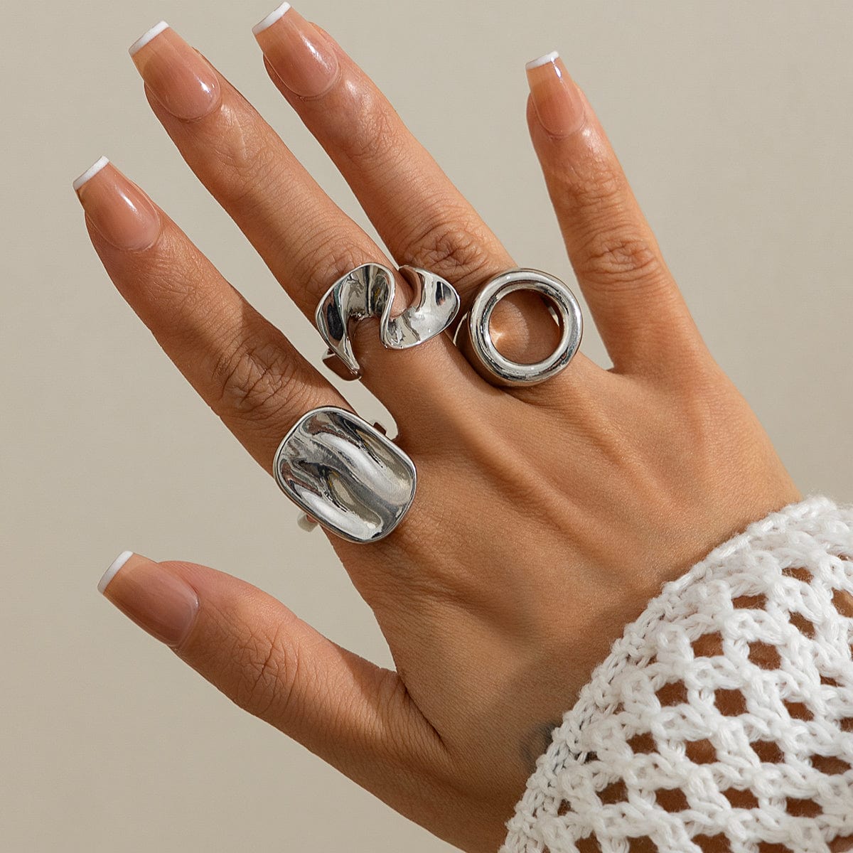 Minimalist 3pcs Hollow Pleated Square Open Ring Set - ArtGalleryZen