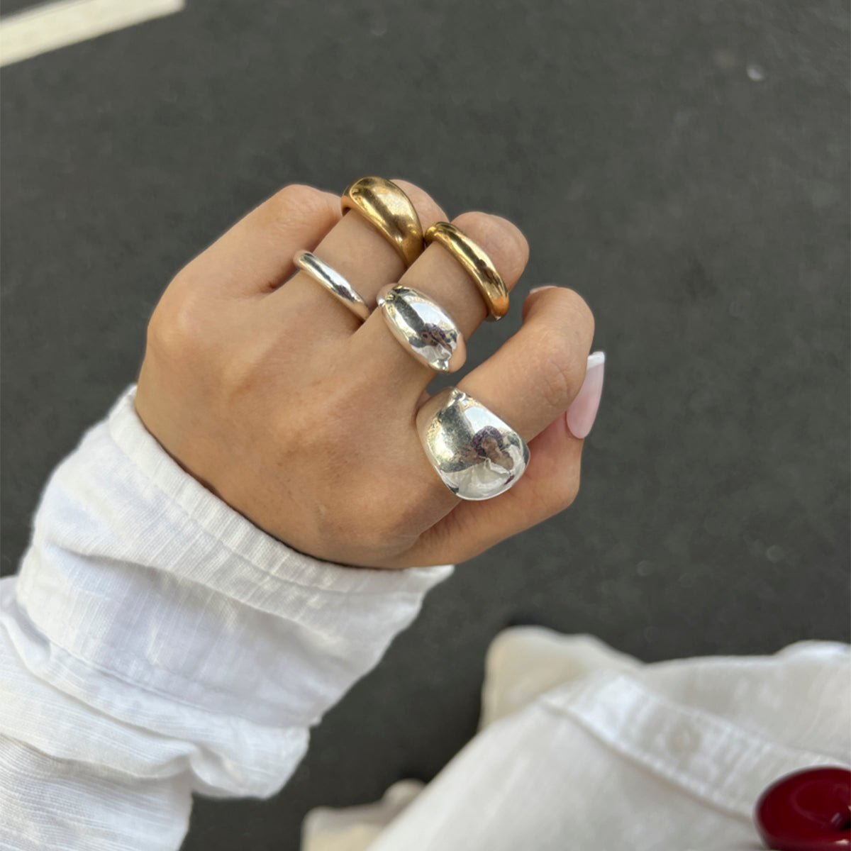 Minimalist 5pcs Gold Silver Tone Glossy Chunky Ring Set - ArtGalleryZen