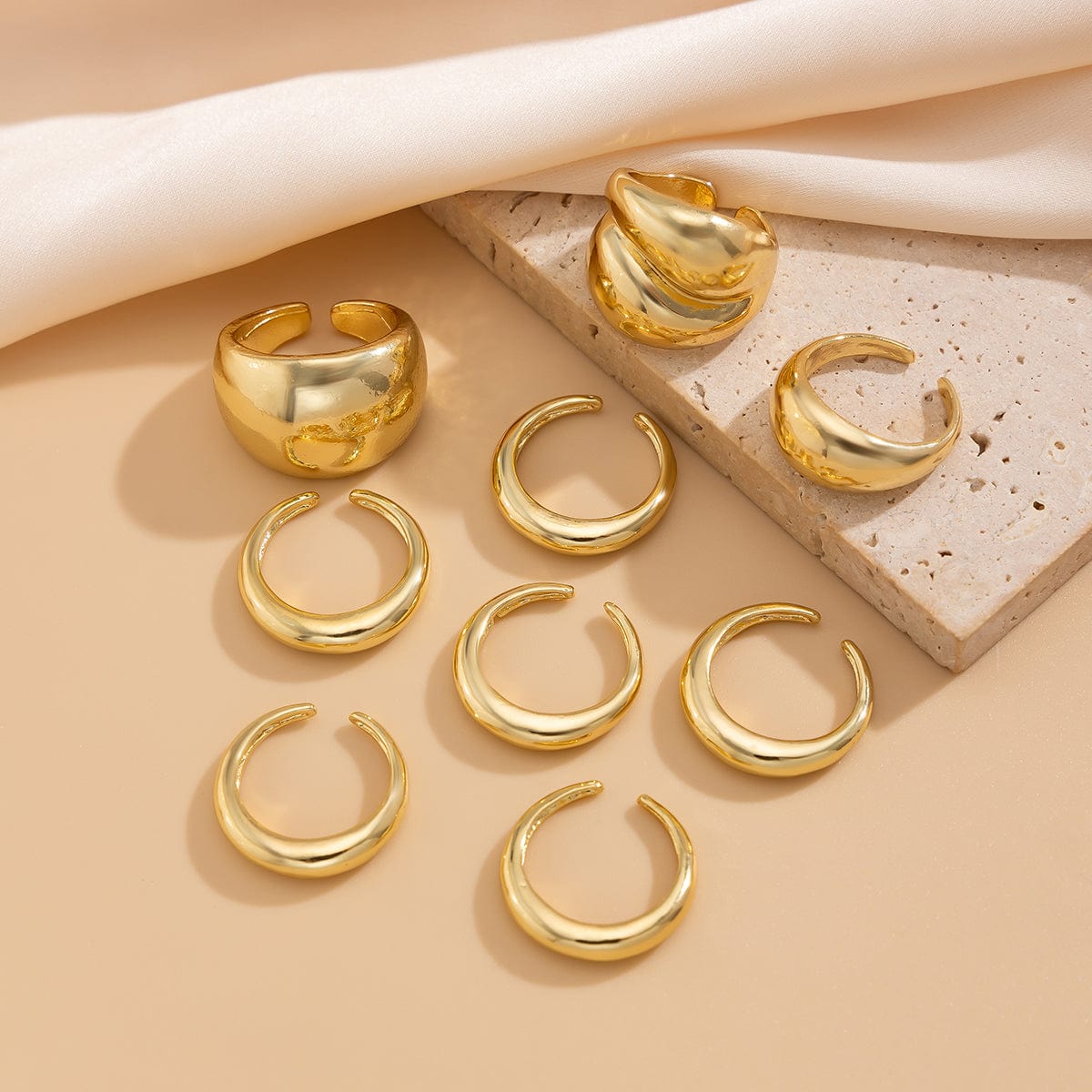 Minimalist 9pcs Glossy Chunky Stackable Open Ring Set - ArtGalleryZen