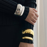 Thumbnail for Minimalist Gold Silver Plated Hammered Wide Cuff Bangle Bracelet - ArtGalleryZen