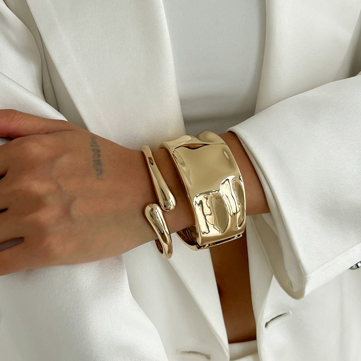 Minimalist Gold Tone Textured Wide Cuff Bangle Bracelet Set - ArtGalleryZen