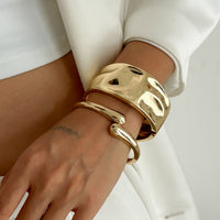 Thumbnail for Minimalist Gold Tone Textured Wide Cuff Bangle Bracelet Set - ArtGalleryZen