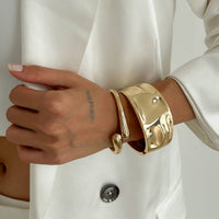 Thumbnail for Minimalist Gold Tone Textured Wide Cuff Bangle Bracelet Set - ArtGalleryZen