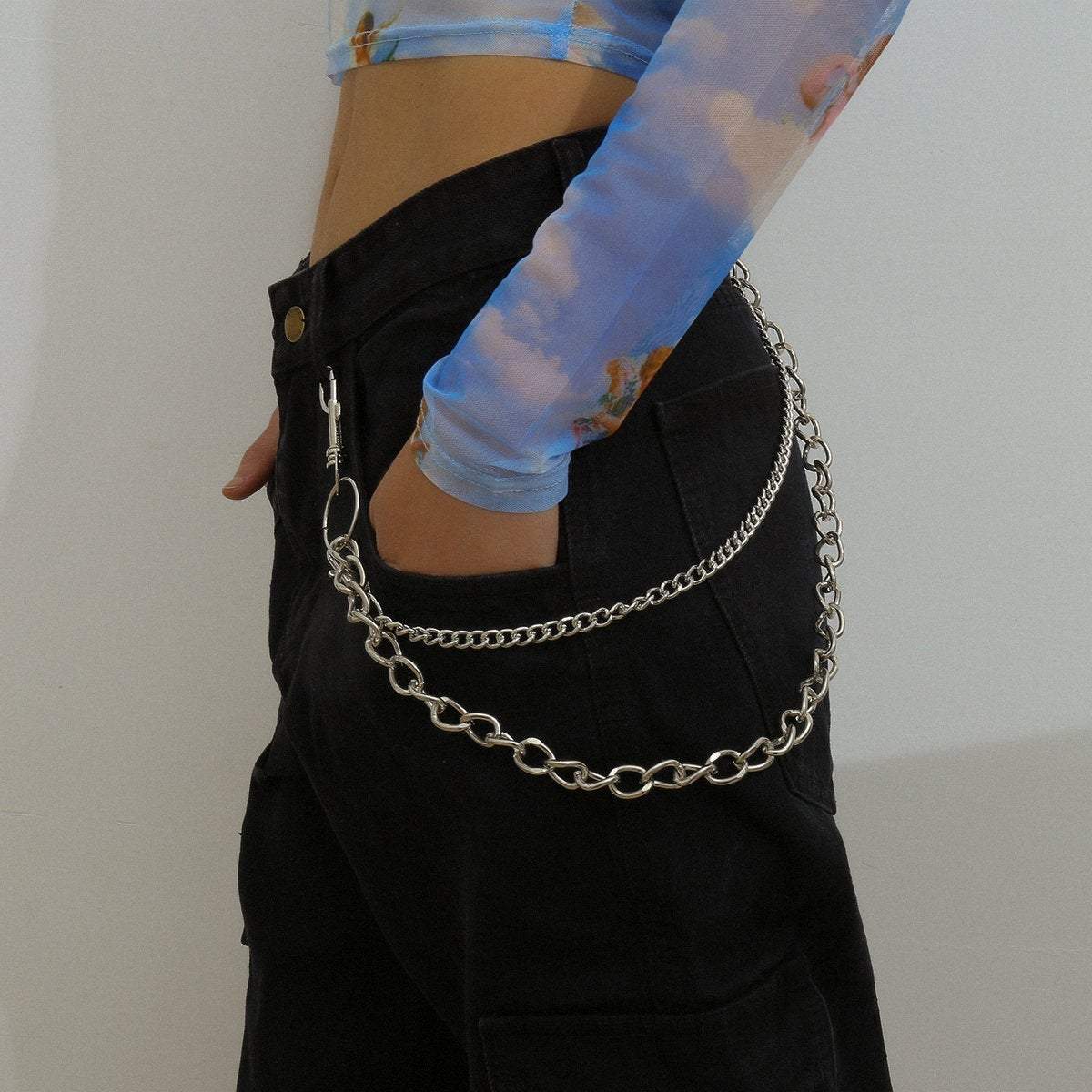 Minimalist Layered Silver Tone Metal Curb Link Trouser Chain - ArtGalleryZen
