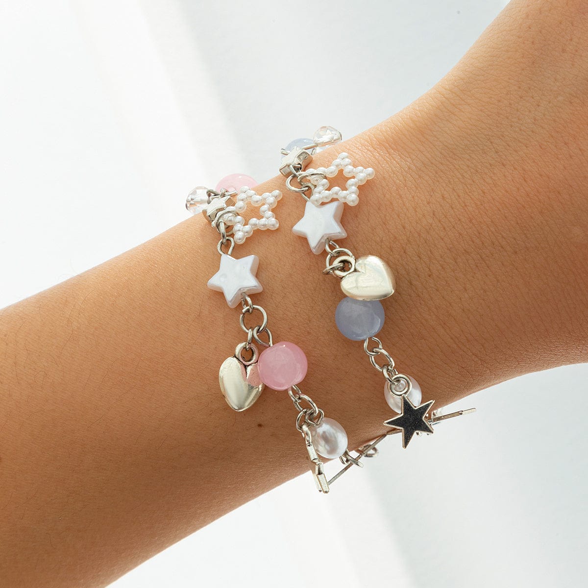 Newly 2 Pcs Heart Star Tassel Crystal Pearl Chain Bracelet Set - ArtGalleryZen