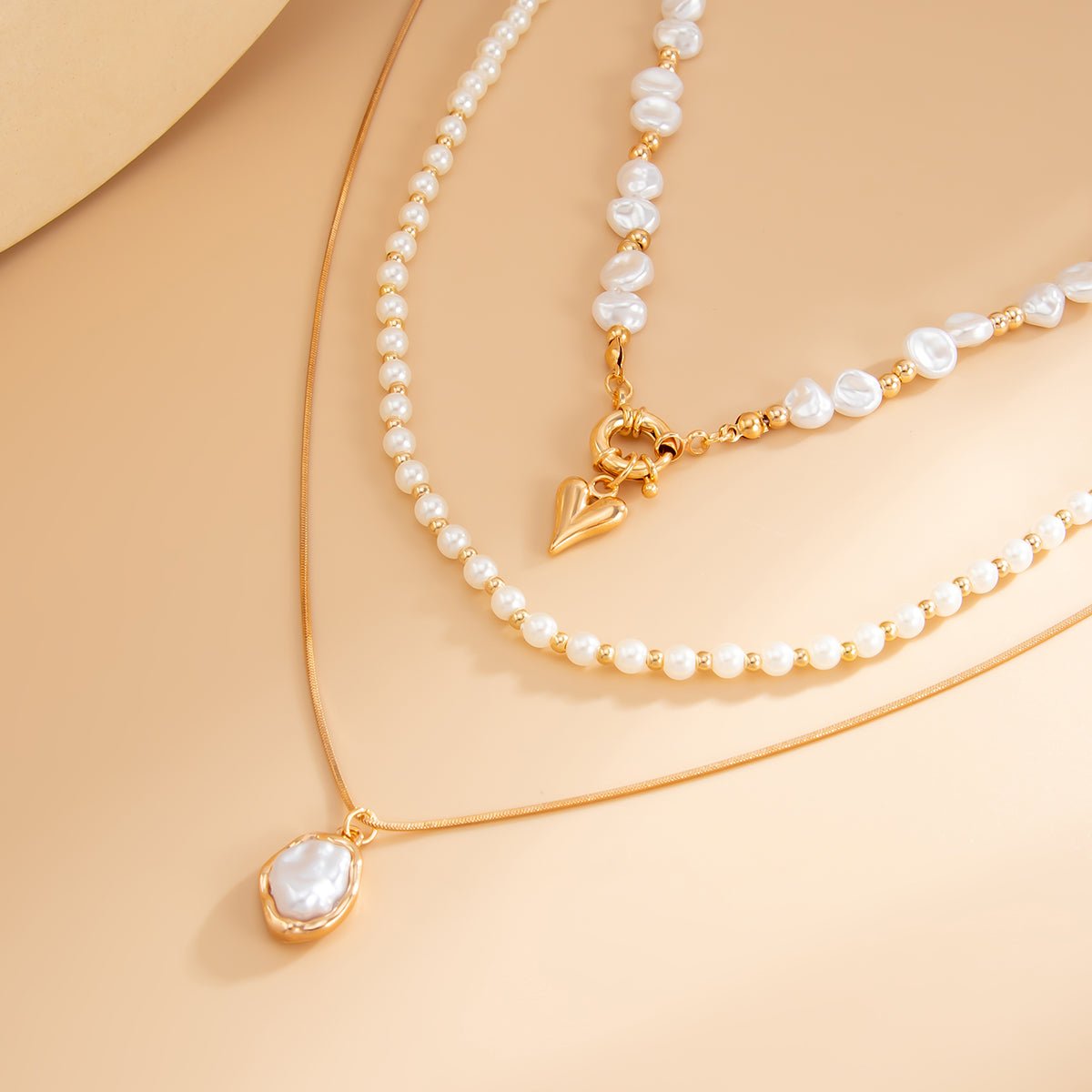 Newly Layered Gold Tone Heart Pendant Pearl Chain Necklace Set - ArtGalleryZen