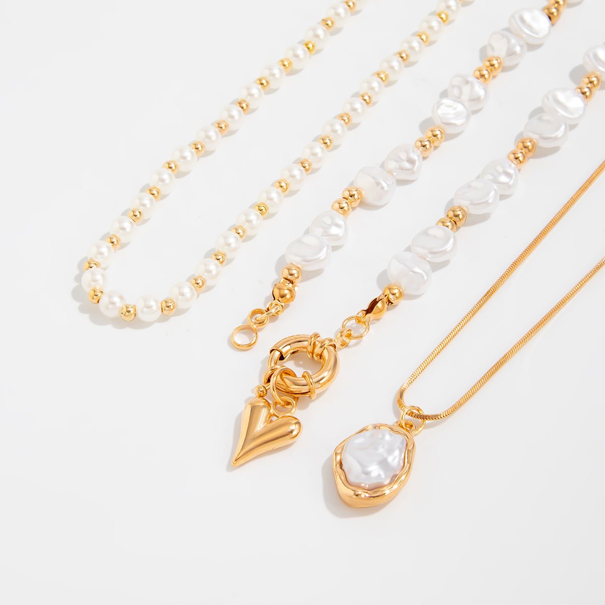 Newly Layered Gold Tone Heart Pendant Pearl Chain Necklace Set - ArtGalleryZen
