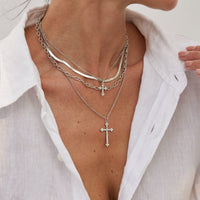 Thumbnail for Newly Layered Rhinestone Inlaid Cross Pendant Herringbone Curb Chain Necklace - ArtGalleryZen