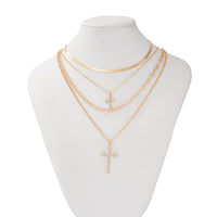 Thumbnail for Newly Layered Rhinestone Inlaid Cross Pendant Herringbone Curb Chain Necklace - ArtGalleryZen