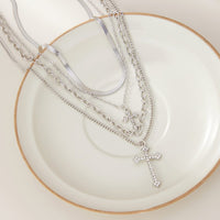 Thumbnail for Newly Layered Rhinestone Inlaid Cross Pendant Herringbone Curb Chain Necklace - ArtGalleryZen