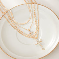Thumbnail for Newly Layered Rhinestone Inlaid Cross Pendant Herringbone Curb Chain Necklace - ArtGalleryZen