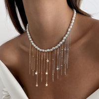 Thumbnail for Newly Two Tone Star Ball Chain Tassel Pearl Necklace - ArtGalleryZen
