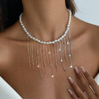Thumbnail for Newly Two Tone Star Ball Chain Tassel Pearl Necklace - ArtGalleryZen