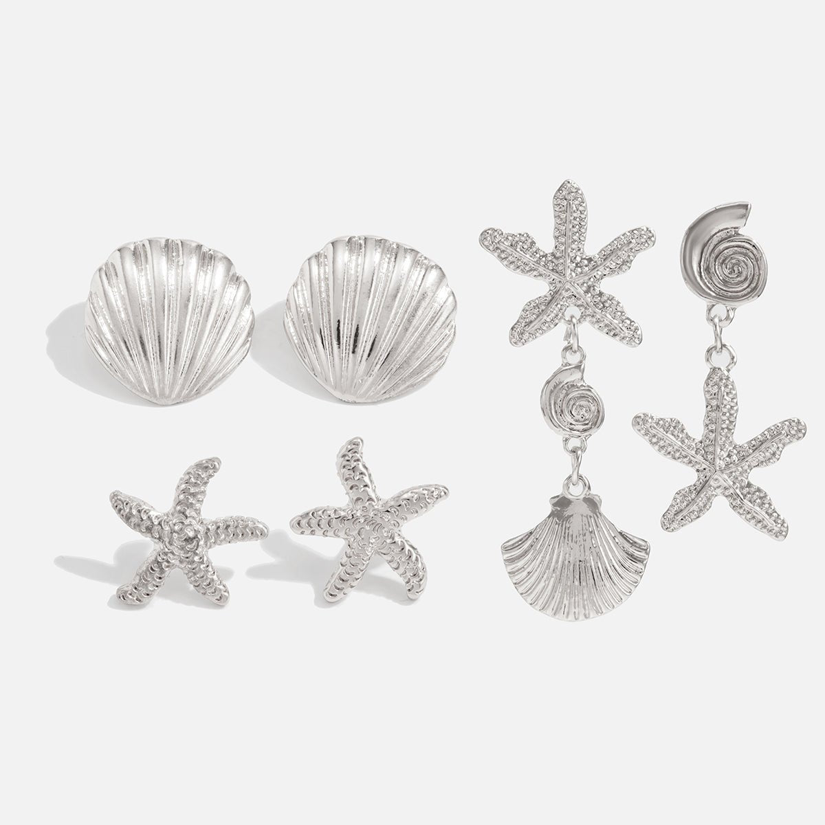 Ocean Style 3 Pairs Conch Shell Starfish Dangle Earrings Set - ArtGalleryZen