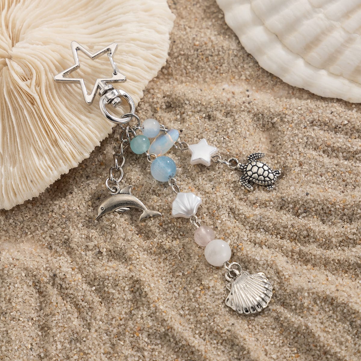 Ocean Style Dolphin Shell Turtle Pendant Pearl Glass Beaded Keychain - ArtGalleryZen
