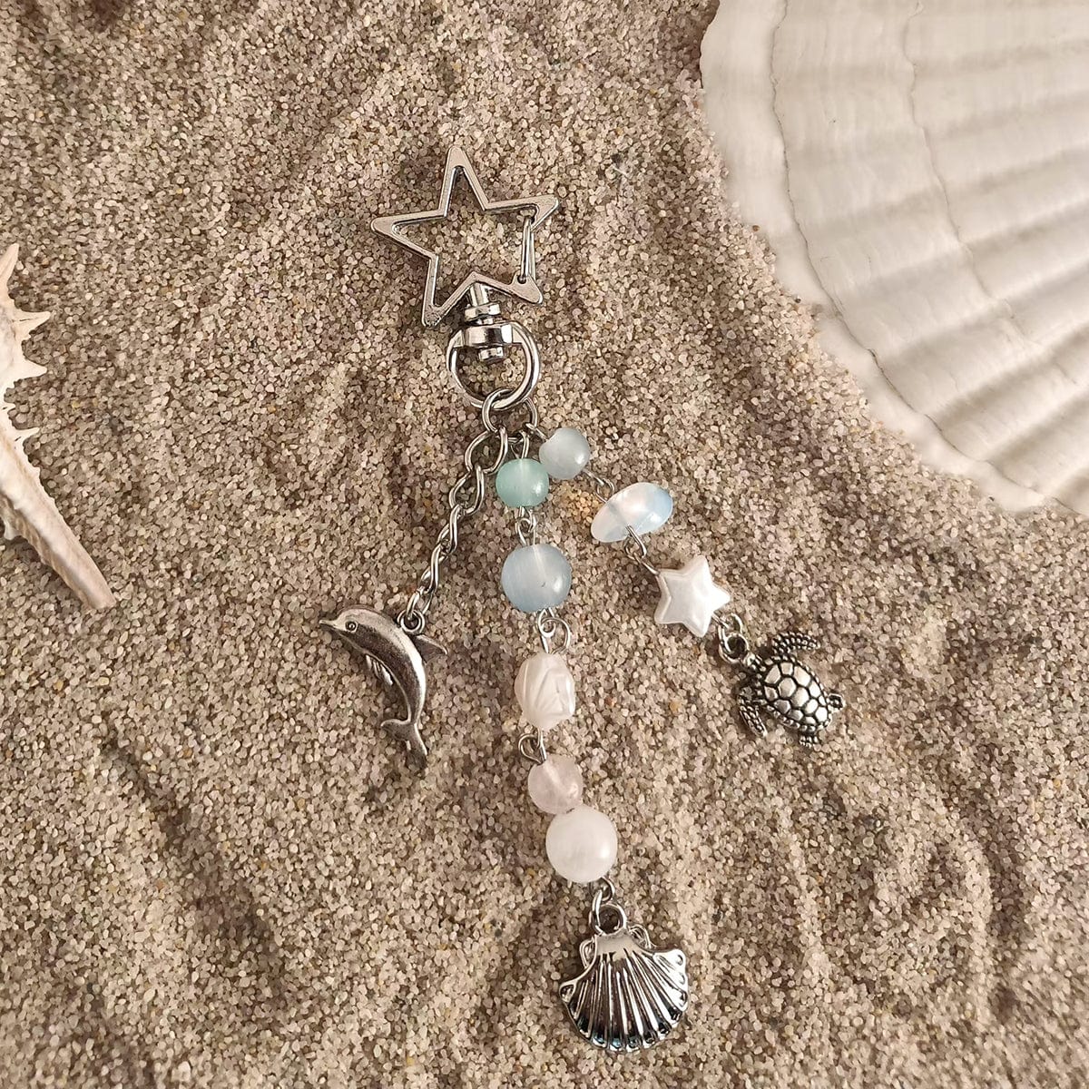 Ocean Style Dolphin Shell Turtle Pendant Pearl Glass Beaded Keychain - ArtGalleryZen