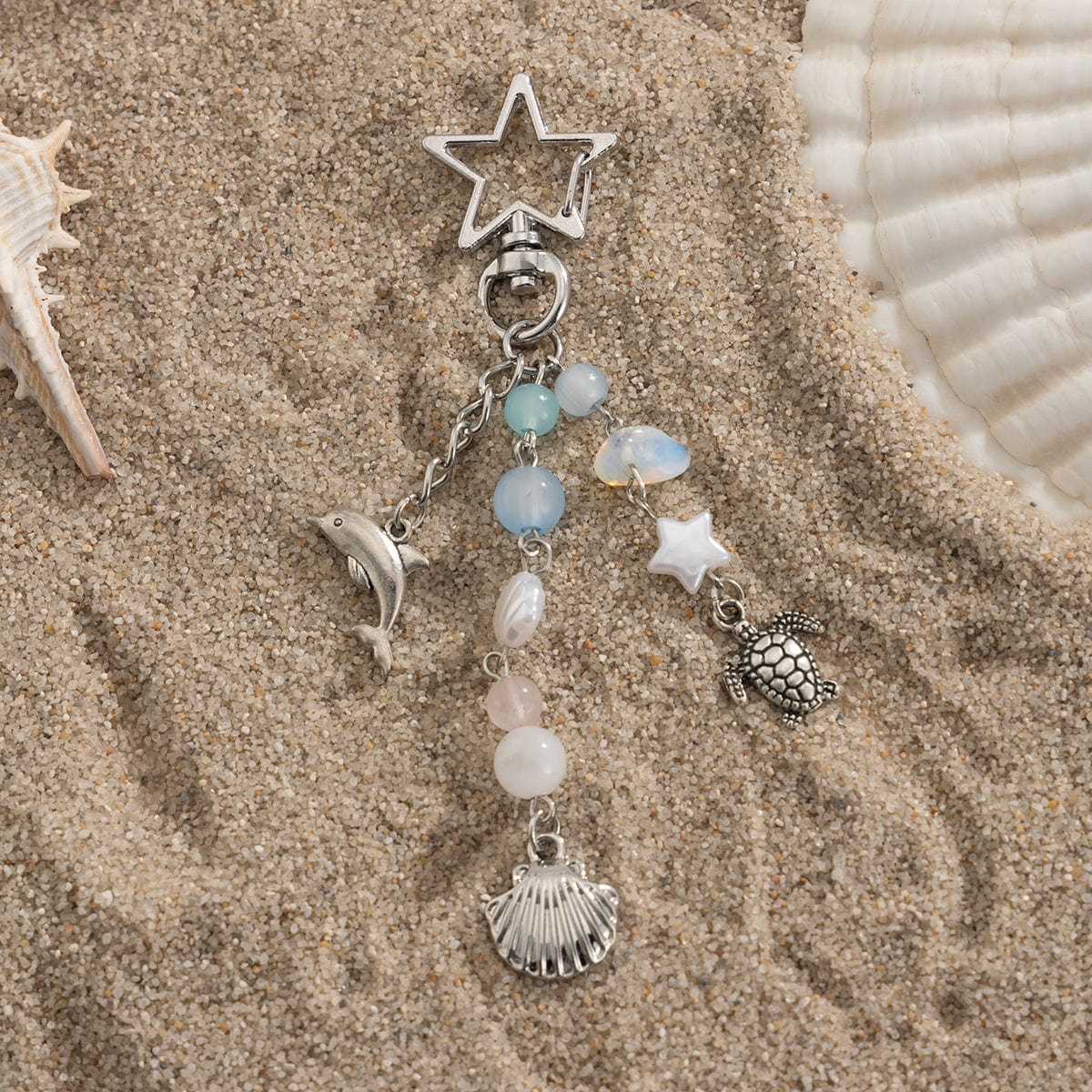 Ocean Style Dolphin Shell Turtle Pendant Pearl Glass Beaded Keychain - ArtGalleryZen