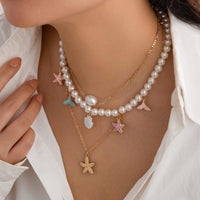 Thumbnail for Ocean Style Layered Enamel Starfish Mermaid Pendant Pearl Chain Necklace Set - ArtGalleryZen