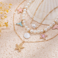 Thumbnail for Ocean Style Layered Enamel Starfish Mermaid Pendant Pearl Chain Necklace Set - ArtGalleryZen