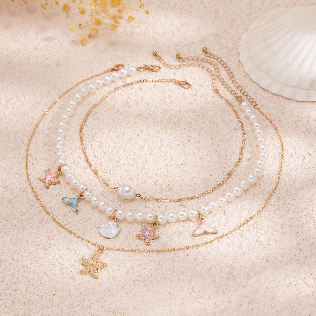 Ocean Style Layered Enamel Starfish Mermaid Pendant Pearl Chain Necklace Set - ArtGalleryZen