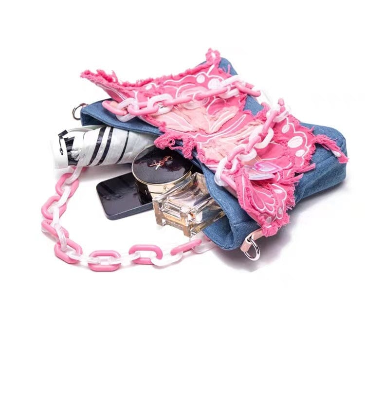Original Pink Denim Butterfly Acrylic Chain Shoulder Crossbody Bag - ArtGalleryZen