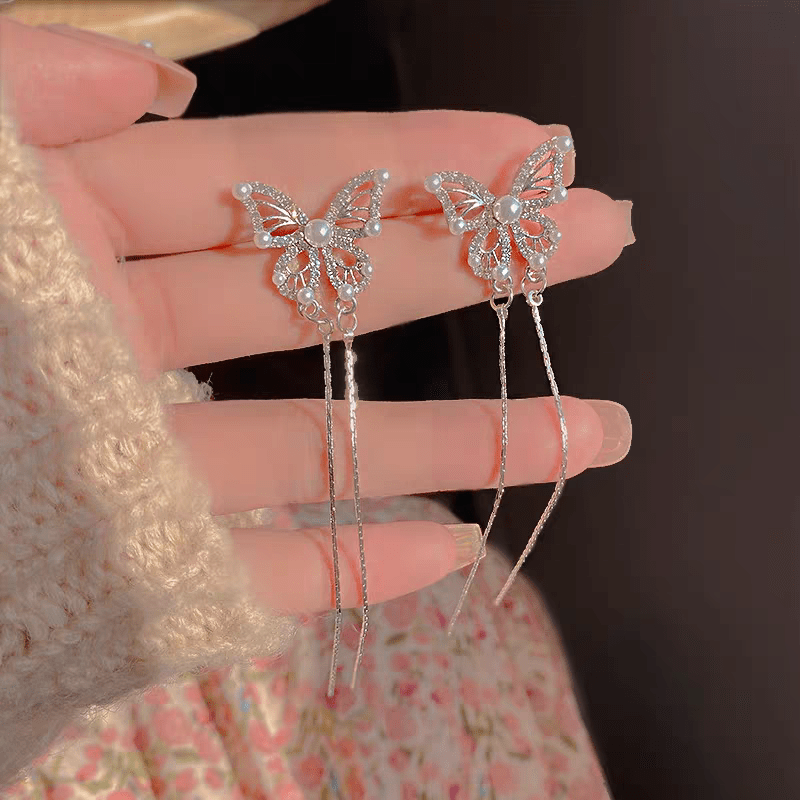 Pearl Inlaid Zircon Butterfly Tassel Earrings - ArtGalleryZen