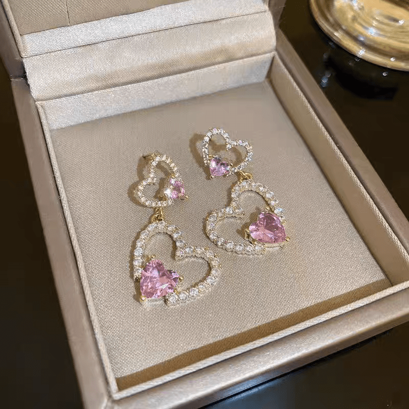 Pink Crystal Dangle Heart Earrings - ArtGalleryZen