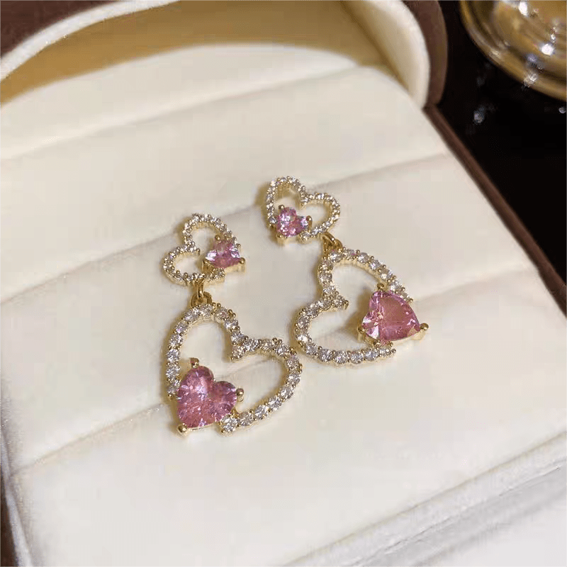 Pink Crystal Dangle Heart Earrings - ArtGalleryZen