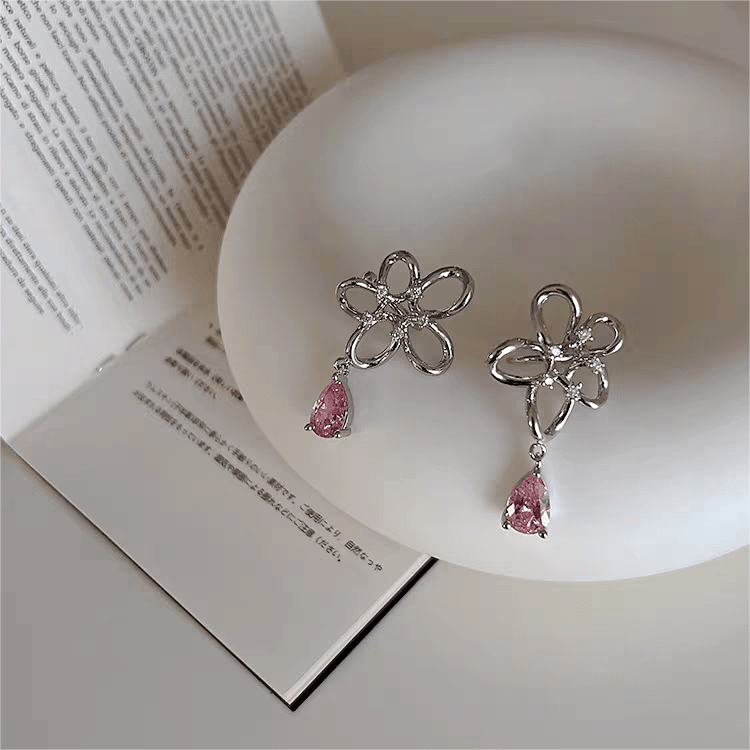 Pink Crystal Floral Dangle Ear Cuff Earrings - ArtGalleryZen