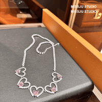 Thumbnail for Pink Crystal Hollow Heart Necklace - ArtGalleryZen