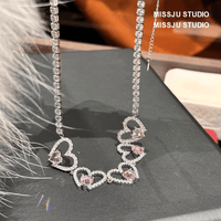 Thumbnail for Pink Crystal Hollow Heart Necklace - ArtGalleryZen