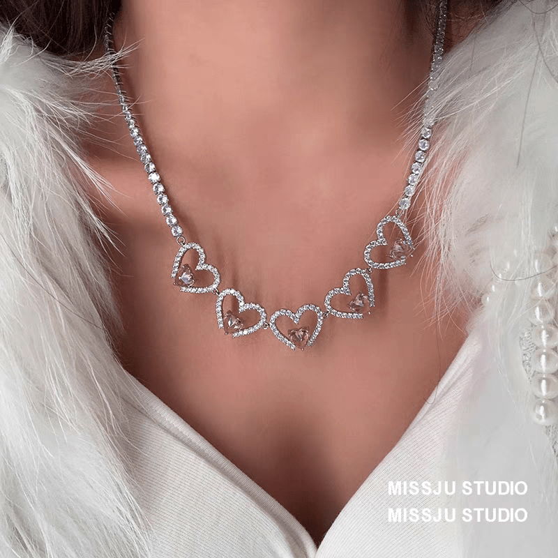Pink Crystal Hollow Heart Necklace - ArtGalleryZen