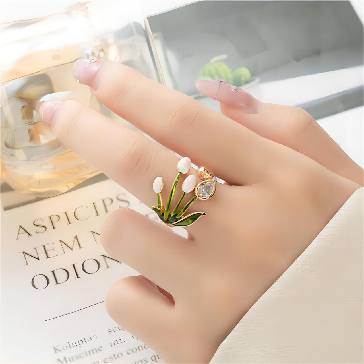 Pink Crystal Inlaid Enamel Tulip Ring - ArtGalleryZen