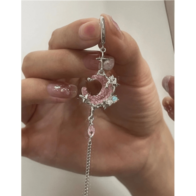 Pink Crystal Moon Star Long Chain Dangle Hoop Earrings - ArtGalleryZen