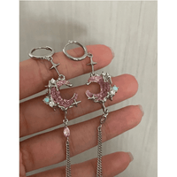 Thumbnail for Pink Crystal Moon Star Long Chain Dangle Hoop Earrings - ArtGalleryZen